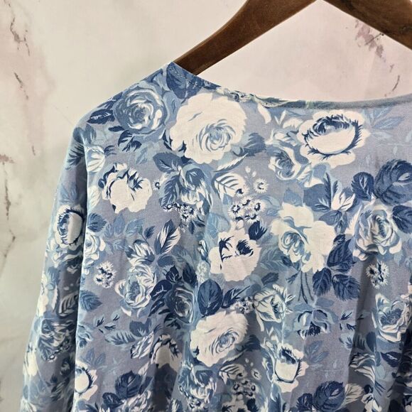 Vintage Shirt Womens Large 80s 90s Blue White Floral Tee Button Flower Buttons - Picture 3 of 15